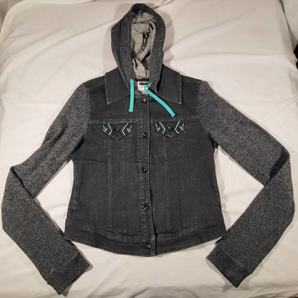 Cruel Girl Hooded Denim Jacket Junior Medium Black Turquoise Knit Sleeves